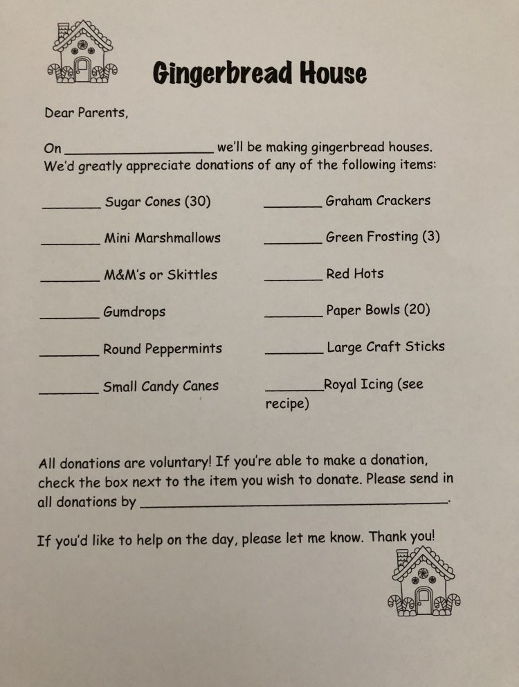 gingerbread house donation request parent letter