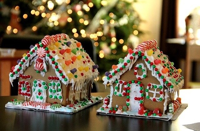 two homemade gingerbread houses